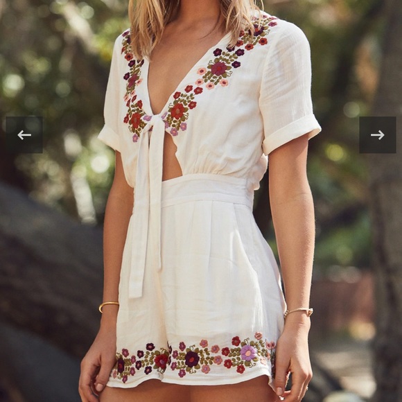 Tularosa Pants - Tularosa Rowley Romper in cream with embroidery flowers